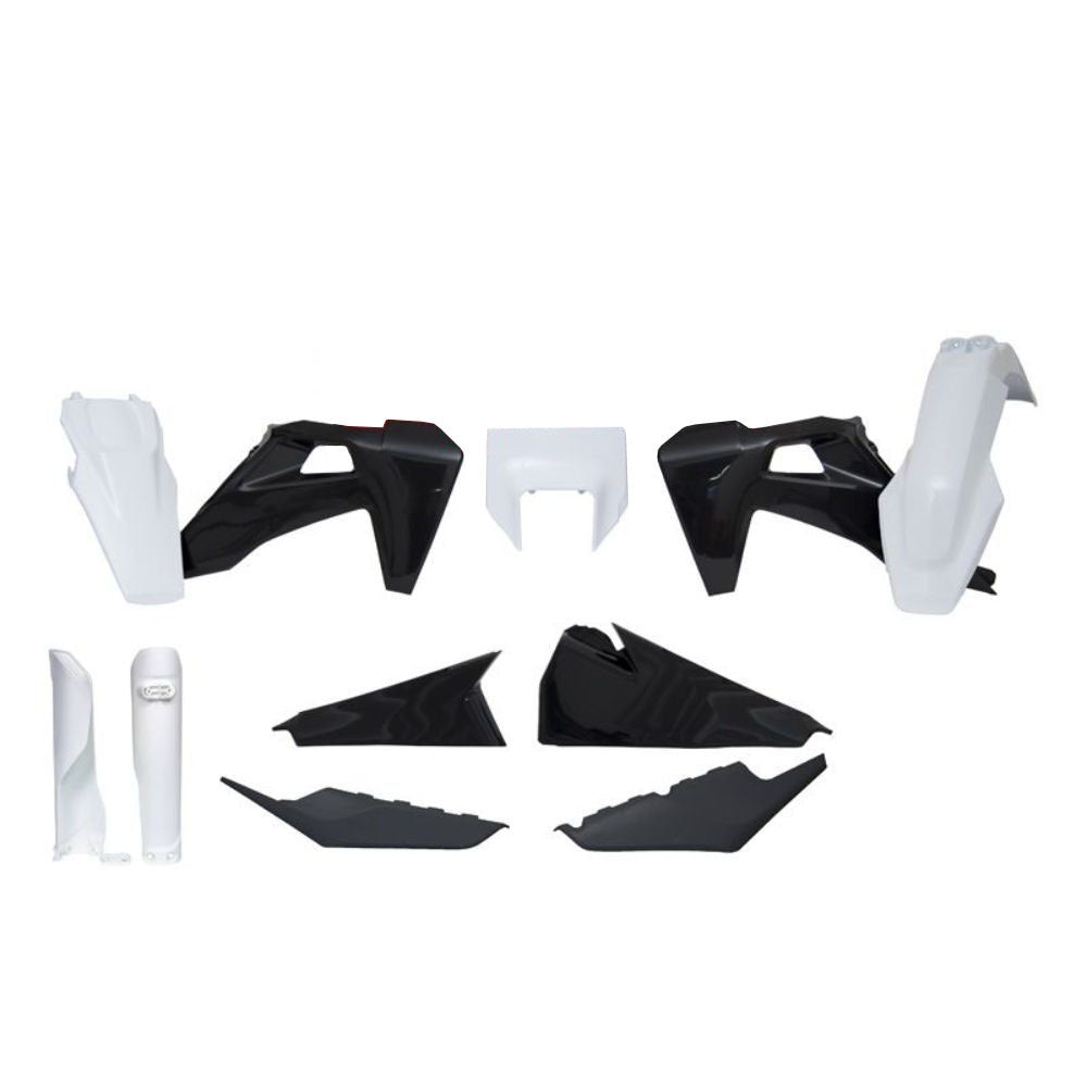 Rtech Plastic Kit (With Headlight Surround & Fork Proctectors) 7 Piece - White / Black