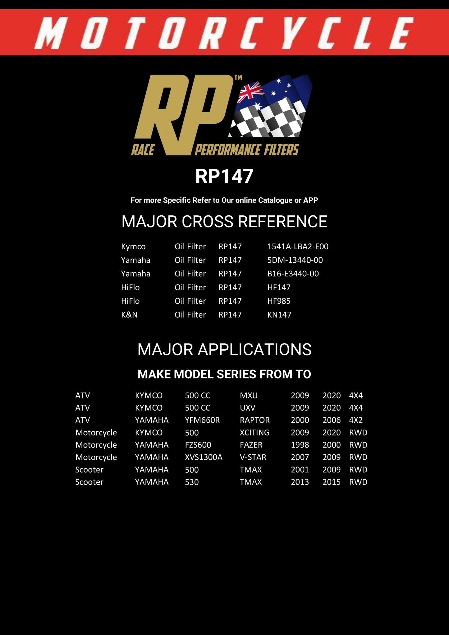 Race Performance Motorcycle Oil Filter - RP147 KN-147