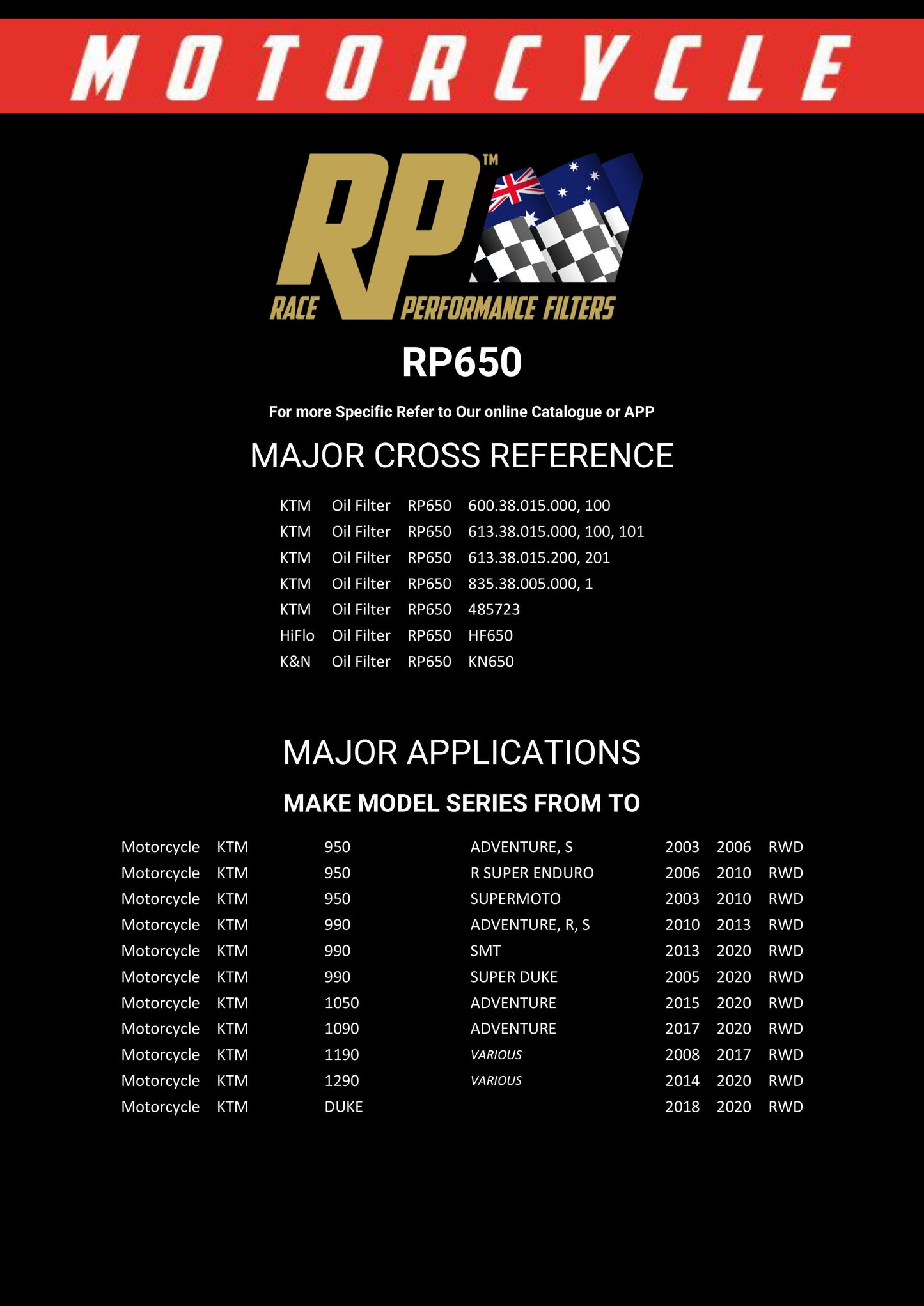 Race Performance Motorcycle Oil Filter - RP650 KN-650