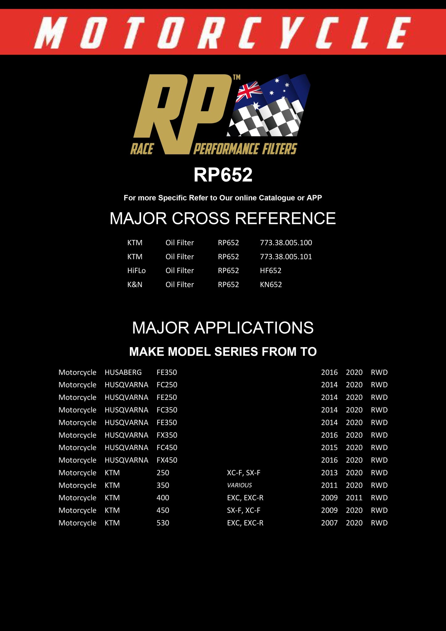 Race Performance Motorcycle Oil Filter - RP652 KN-652