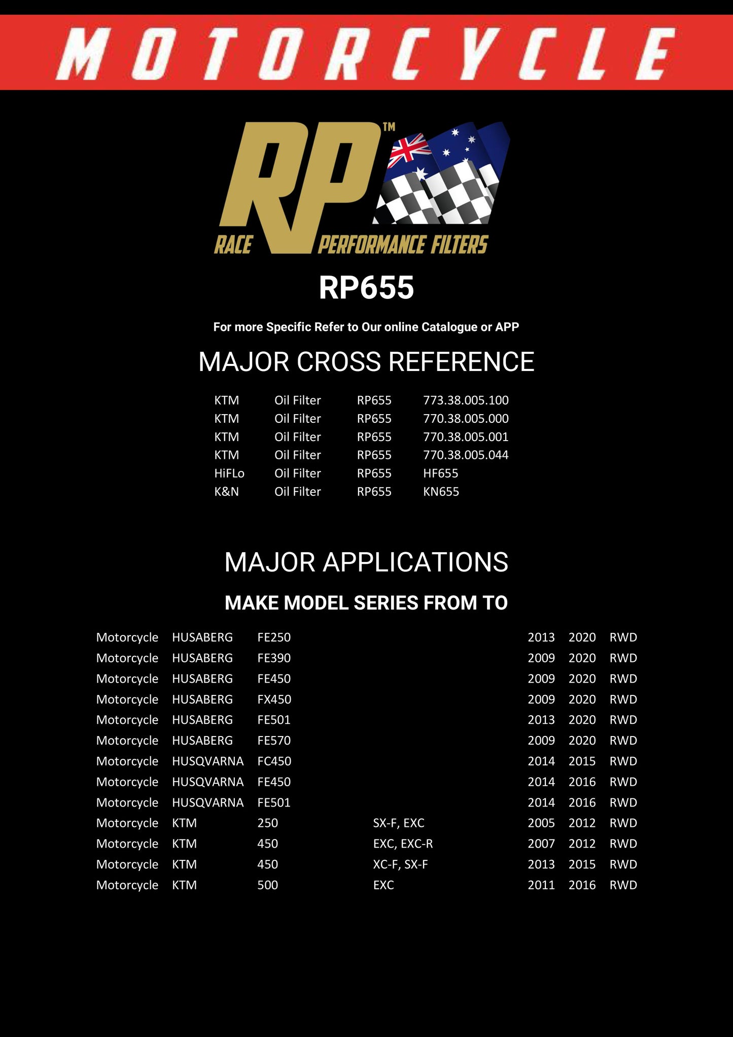 Race Performance Motorcycle Oil Filter - RP655 KN-655