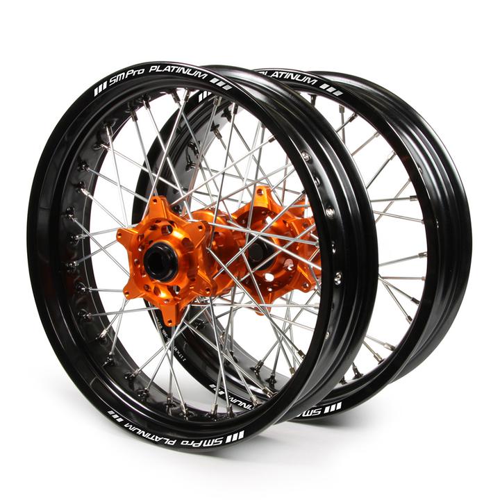 KTM Sm Pro / Platinum Supermoto Non Cush" Black Rims / Orange Hubs Wheel Set SX-SXF 125-150-250-350 2003-2017 (17X3.50" / 17X4.25")