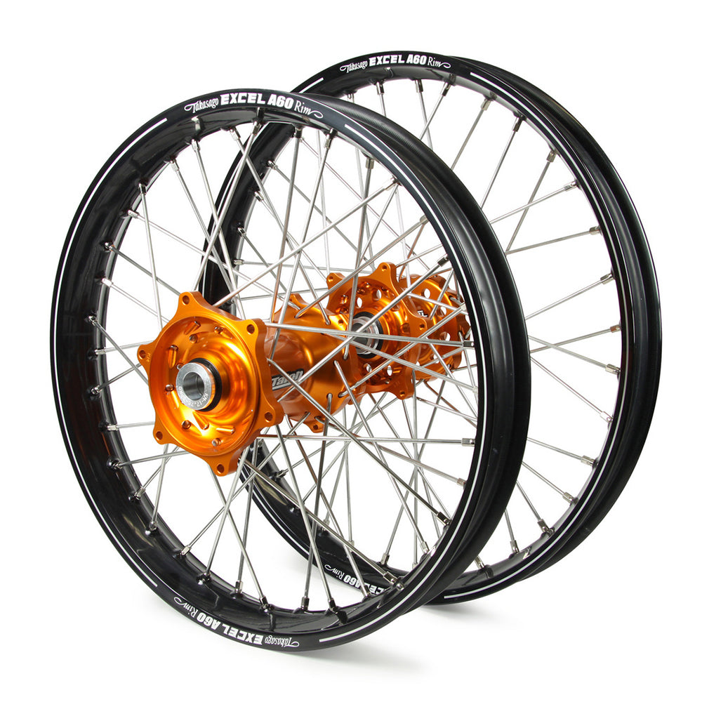 KTM Talon / Excel A60 Snr MX Black Rims / Orange Hubs Wheel Set Exc-Excf 250-300-350-450-500 2003-15 (21 / 18X2.15)