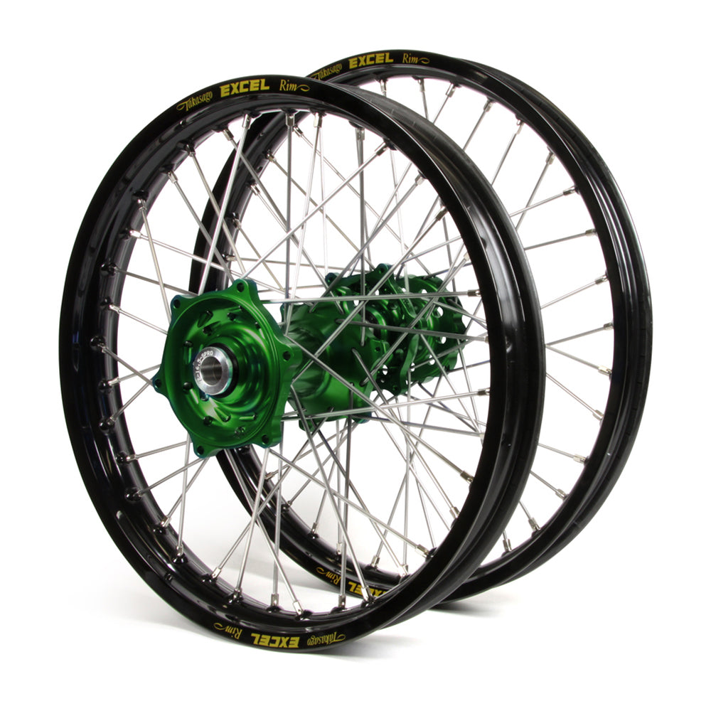 Kawasaki Talon / Excel Snr MX Black Rims / Green Hubs Wheel Set KX 125-250 2006-12, KXF 250-450 2006-17 (21X1.6 / 19X2.15)