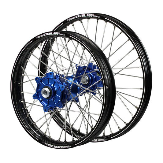 Yamaha Haan Cush Drive Blue Hubs / A60 Black Rims Wheel Set WR 250 F 2020-2024 (21*1.6 / 18*2.15 OE)