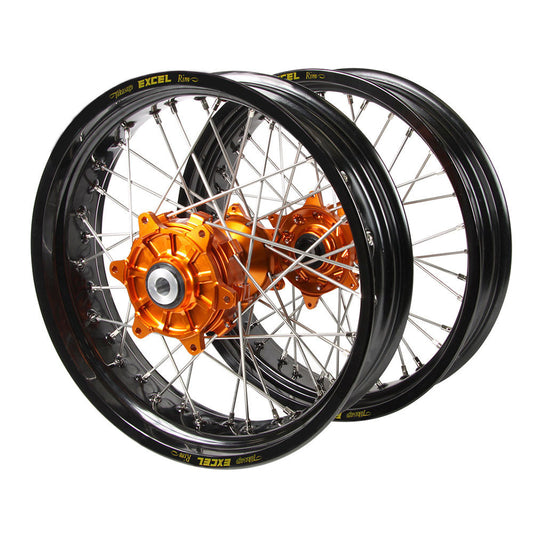 Haan Cush Drive Hubs / Excel Rims Supermoto Wheelset (17*3.5 / 17*4.25) - Orange / Black