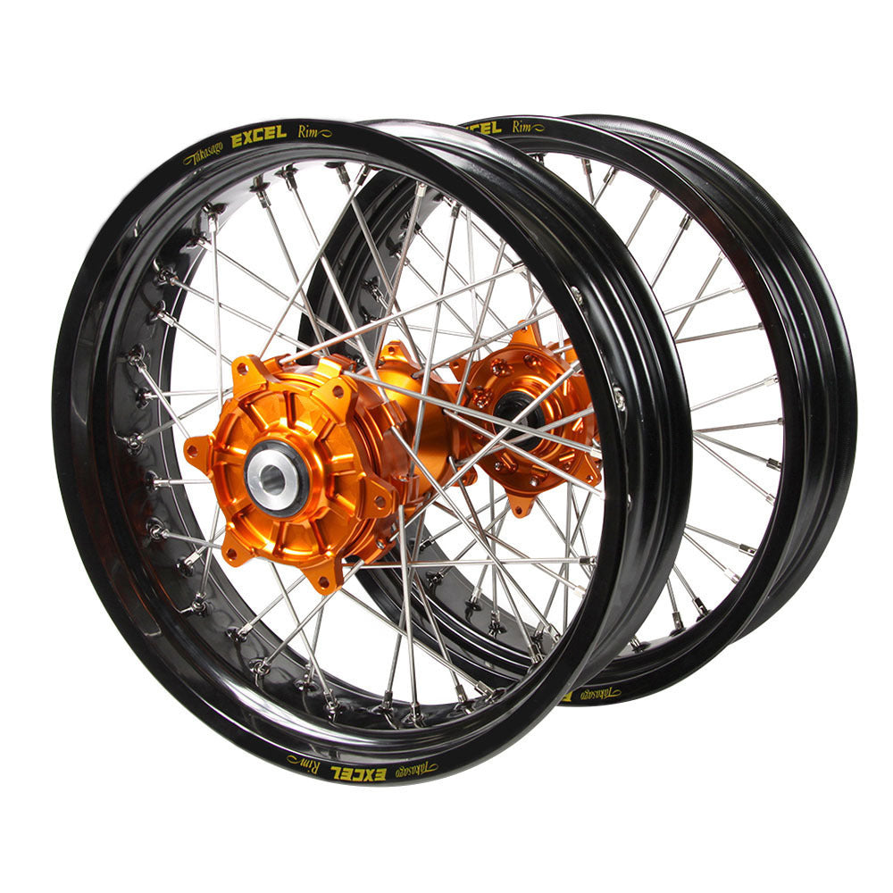 Haan Cush Drive Hubs / Excel Rims Supermoto Wheelset (17*3.5 / 17*4.25) - Orange / Black