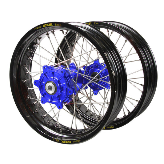 Yamaha Haan Cush Drive Blue Hubs / Excel Black Rims Supermoto Wheel Set WR 250 F 2020-2024 (17*3.5 / 17*4.25)