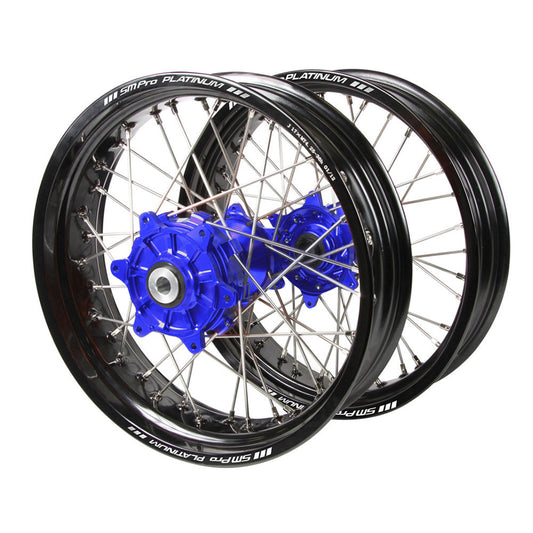 Yamaha Haan Cush Drive Blue Hubs / SM Pro Platinum Black Rims Supermotard Wheel Set WR 250 F 2020-2024 (17*3.5 / 17*4.25)