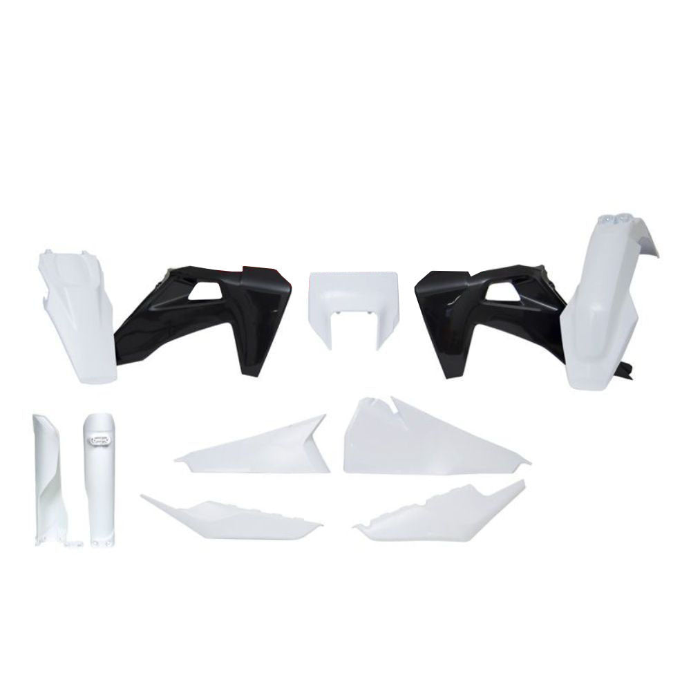Rtech Plastic Kit (With Headlight Surround & Fork Proctectors) 7 Piece - White / Black