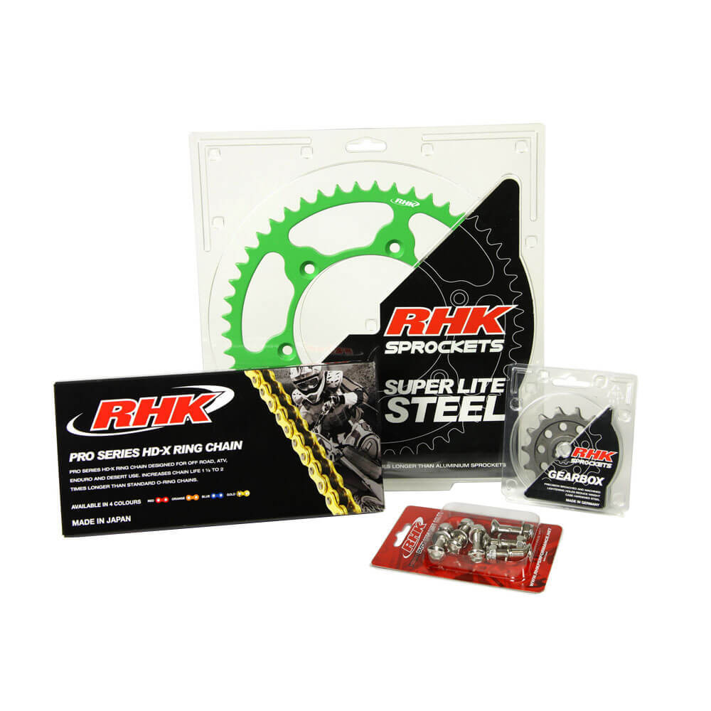 RHK Chain & Sprocket Kit - Gold HD-X Ring Chain & Green Super Lite Steel Sprocket (13/52)