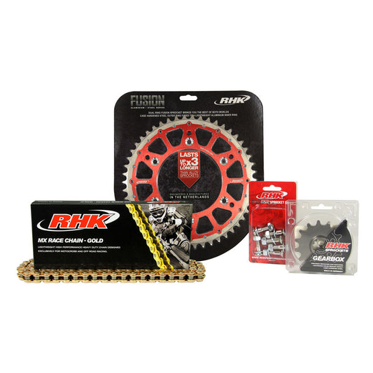 RHK Chain & Sprocket Kit - Gold MX Chain & Red Fusion Sprocket (13/50)