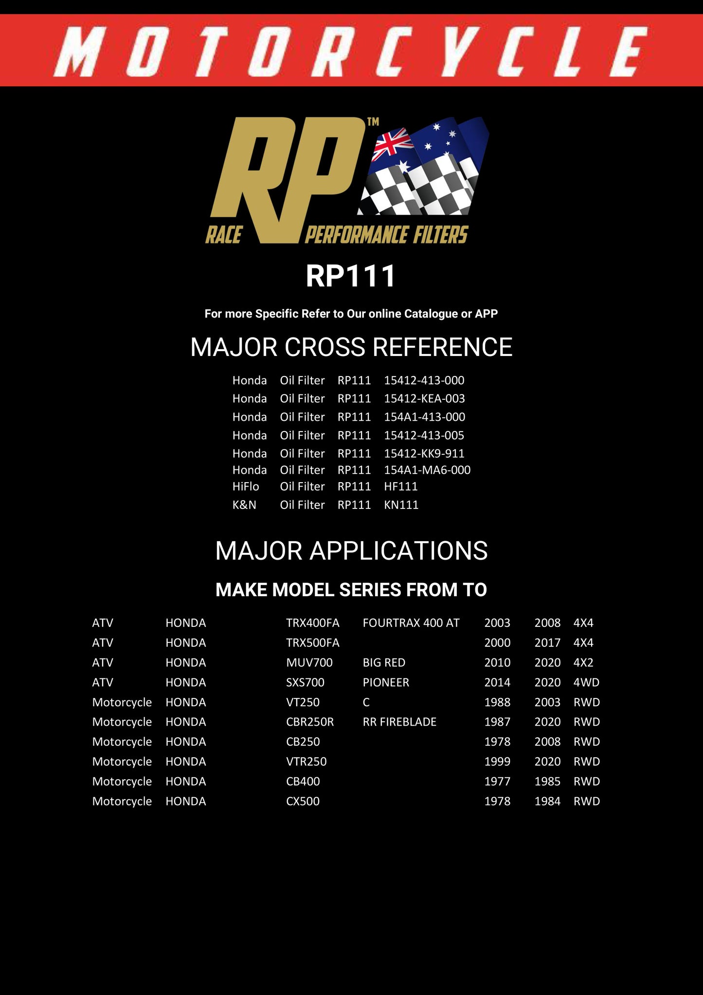Race Performance Motorcycle Oil Filter RP111 KN-111