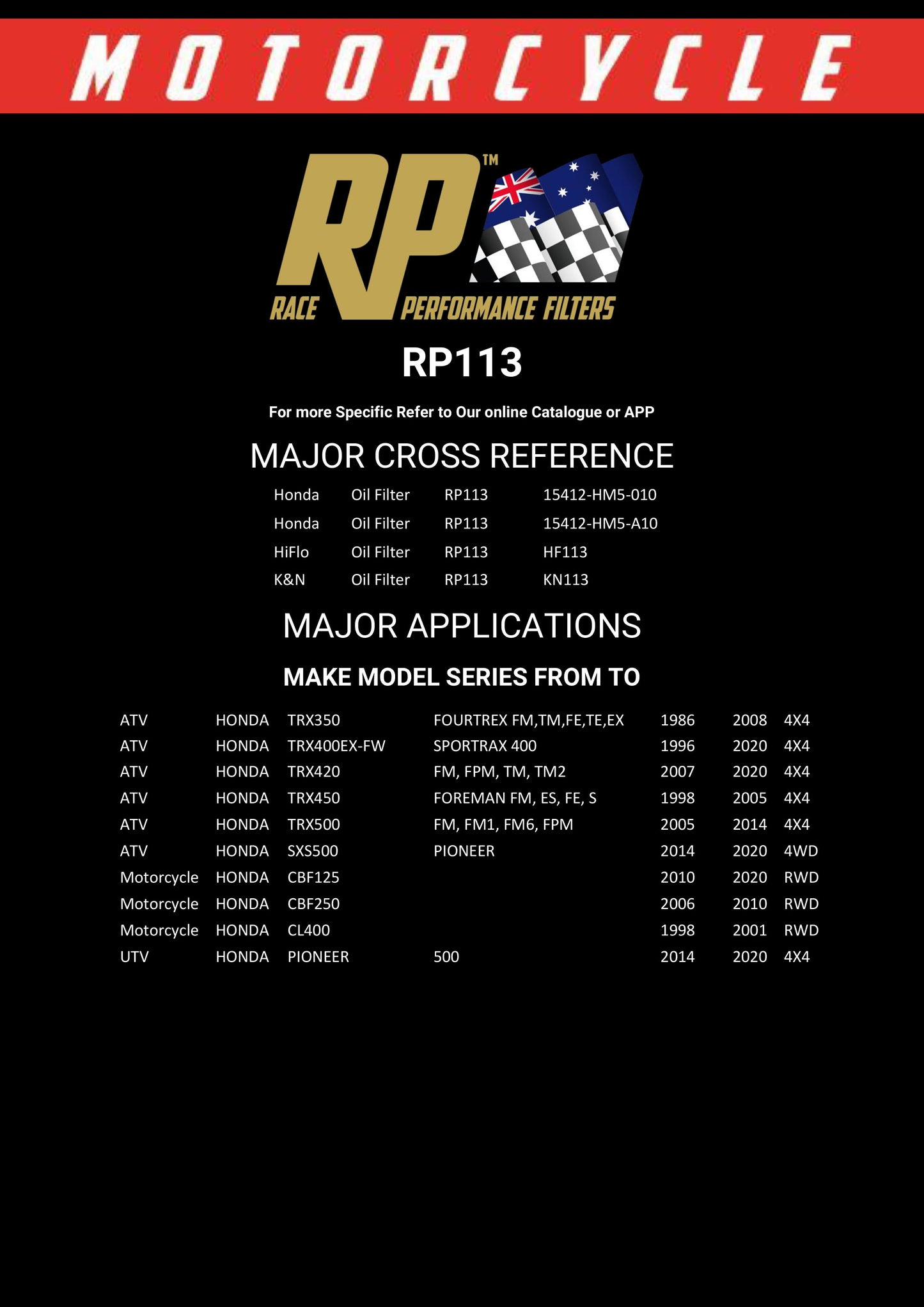 Race Performance Motorcycle Oil Filter RP113 KN-113