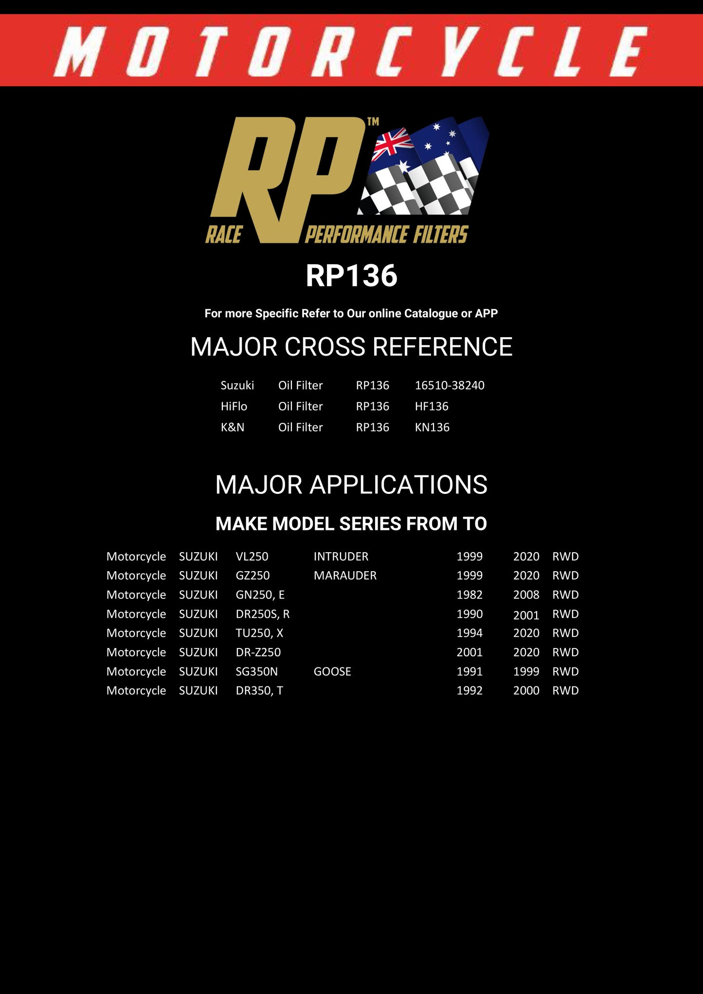 Race Performance Motorcycle Oil Filter RP136 KN-136