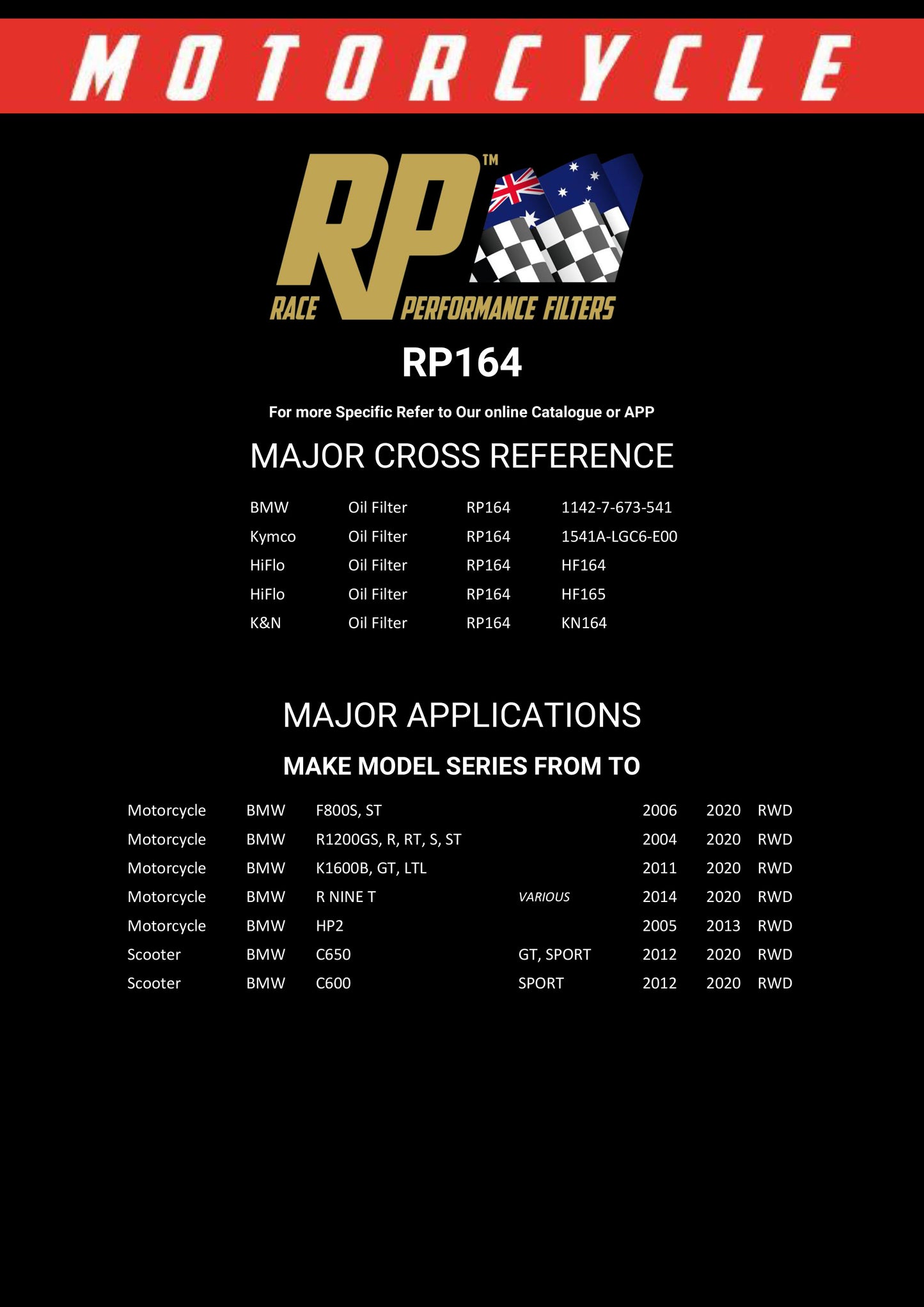 Race Performance Motorcycle Oil Filter RP164 KN-164