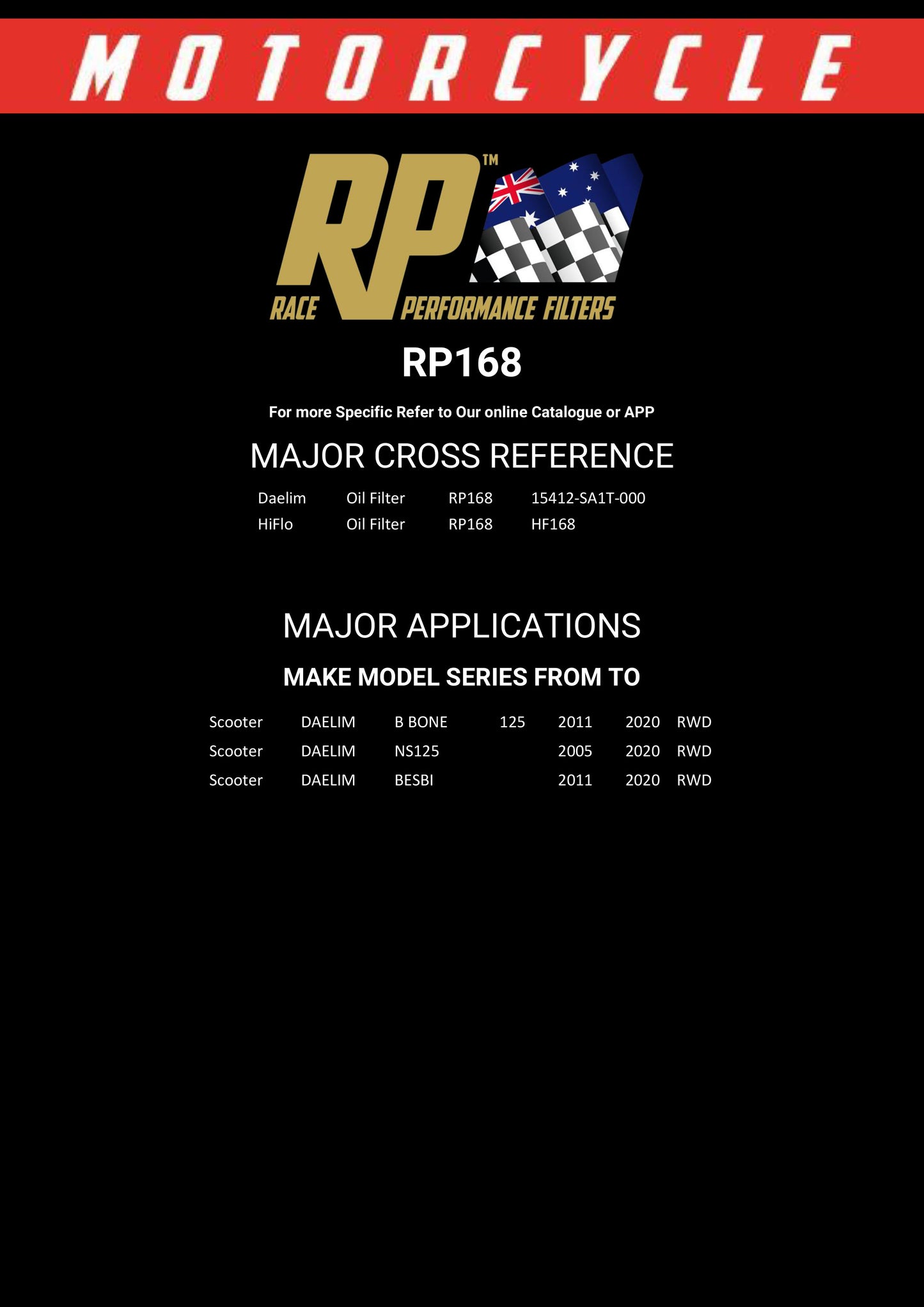 Race Performance Motorcycle Oil Filter RP168 KN-168