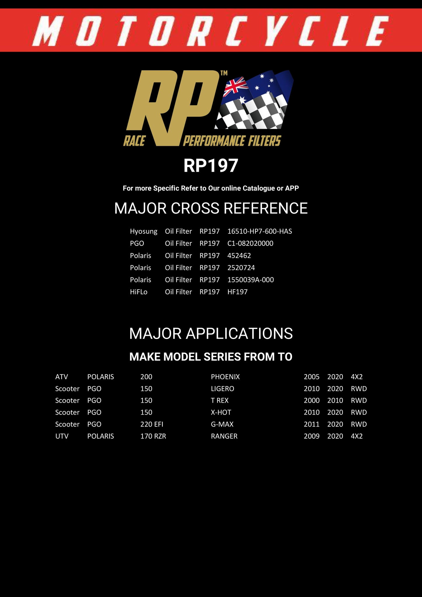 Race Performance Motorcycle Oil Filter RP197 KN-197