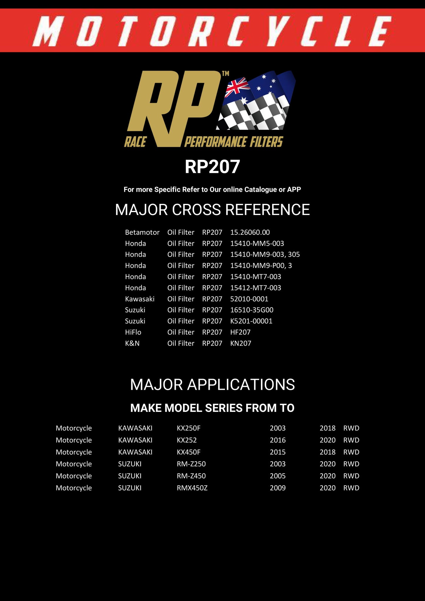 Race Performance Motorcycle Oil Filter RP207 KN-207