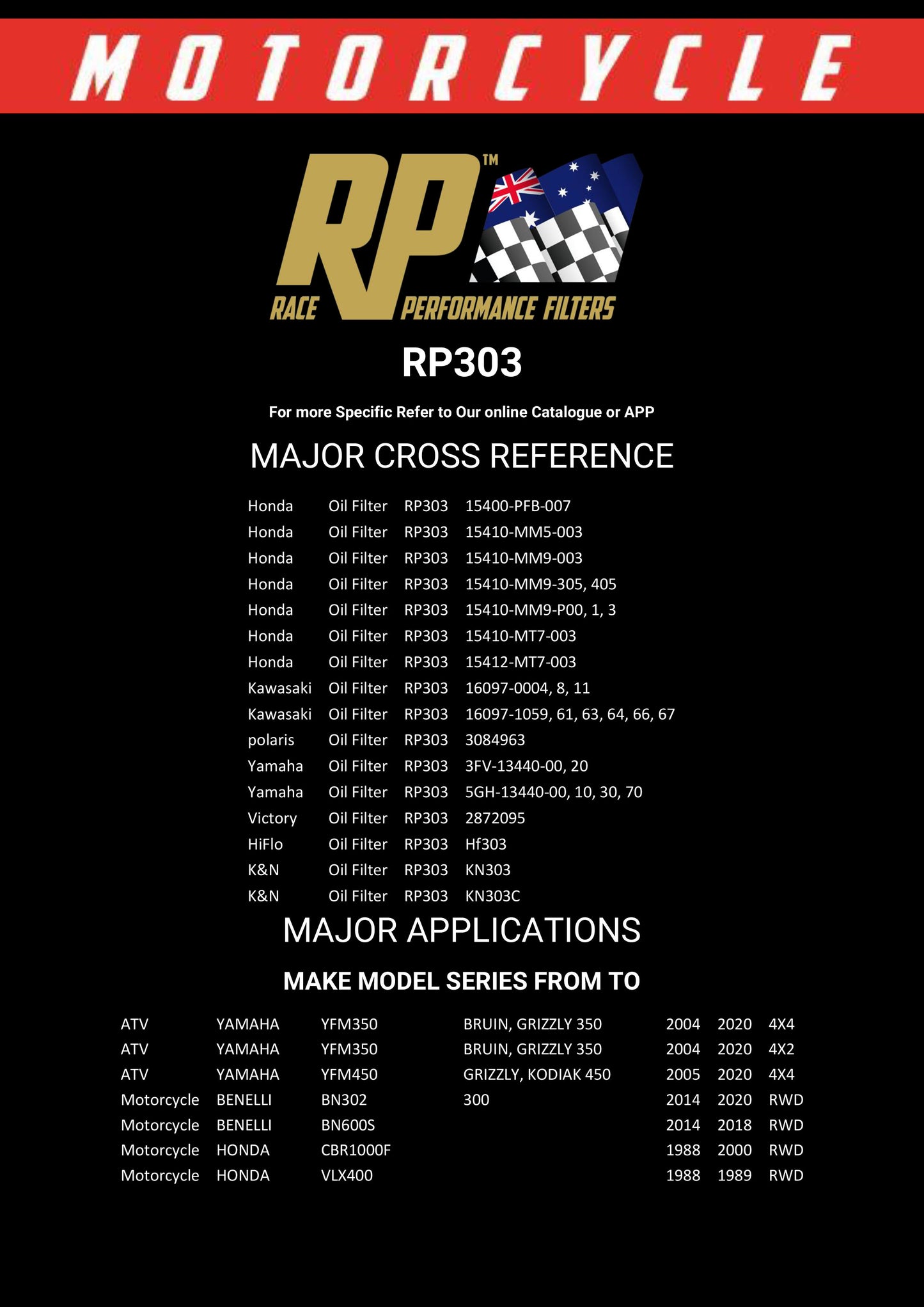 Race Performance Motorcycle Oil Filter RP303 KN-303