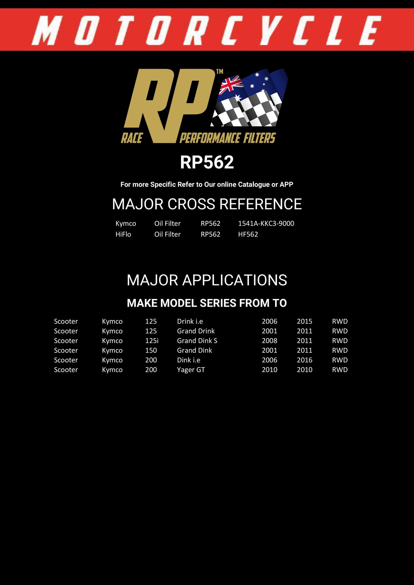 Race Performance Motorcycle Oil Filter RP562 KN-562