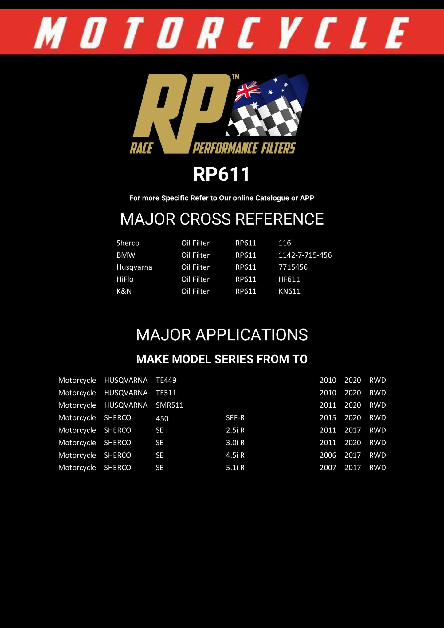 Race Performance Motorcycle Oil Filter RP611 KN-611