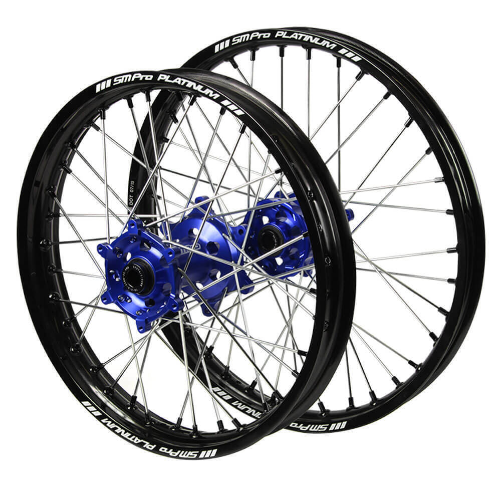 Yamaha SM Pro Blue Hub / SM Pro Platinum Black Rim / Black Nipples Wheel Set YZ 450 FSP Monster Energy 2021-2022 (21*1.6 / 18*2.15)