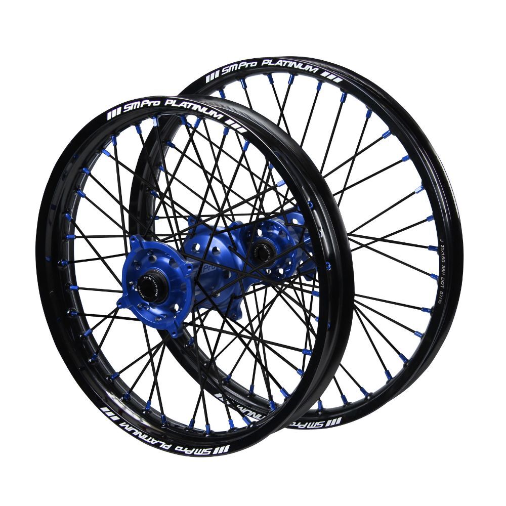 Yamaha SM Pro Blue Hub / SM Pro Platinum Black Rim / Blue Nipples / Black Spokes Wheel Set YZ 450 FSP Monster Energy 2021-2022 (21*1.6 / 19*2.15 OE)