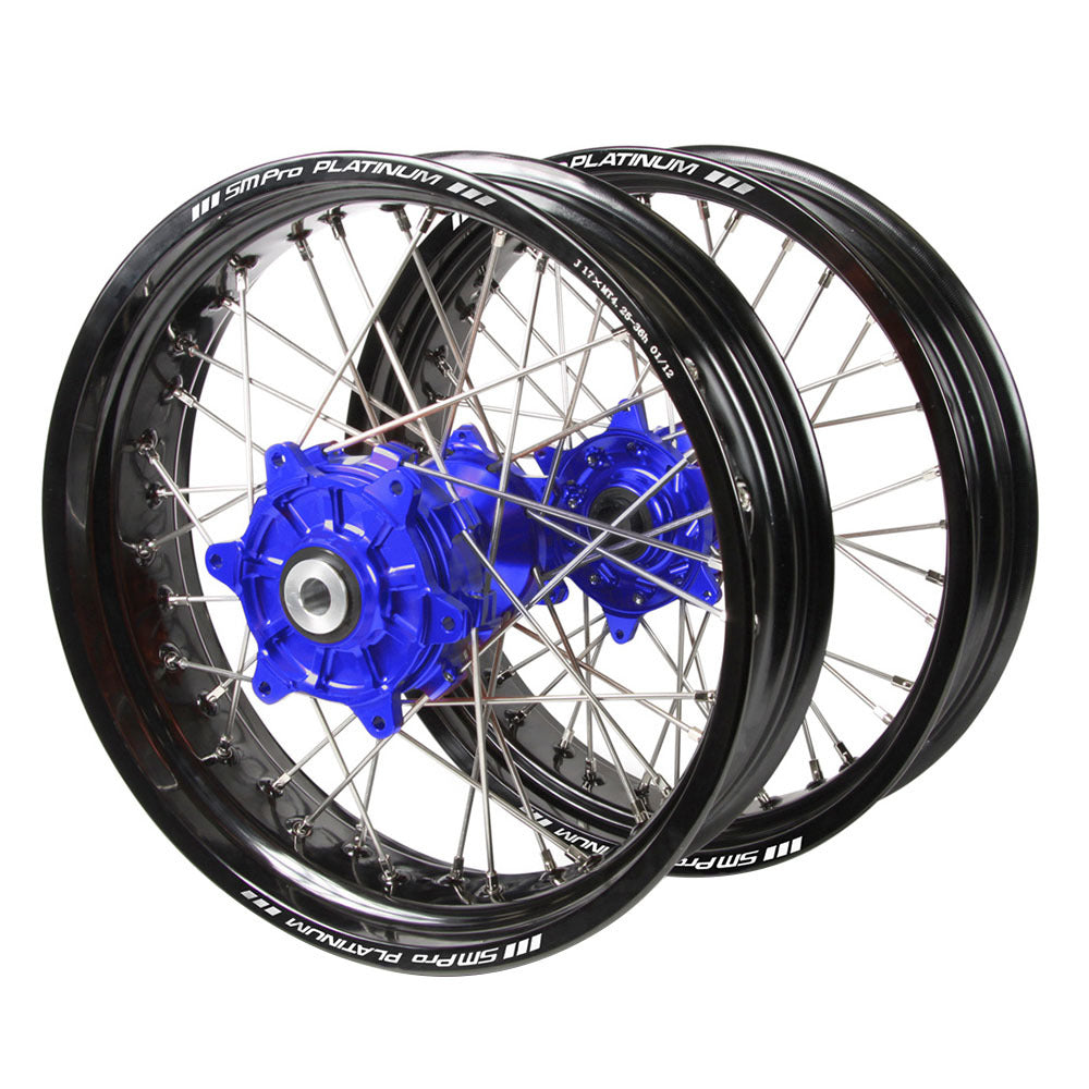 Yamaha SM Pro Cush Drive Blue Hubs / SM Pro Platinum Black Rims Supermotard Wheel Set WR 250 F 2020-2024 (17*3.5 / 17*4.25)