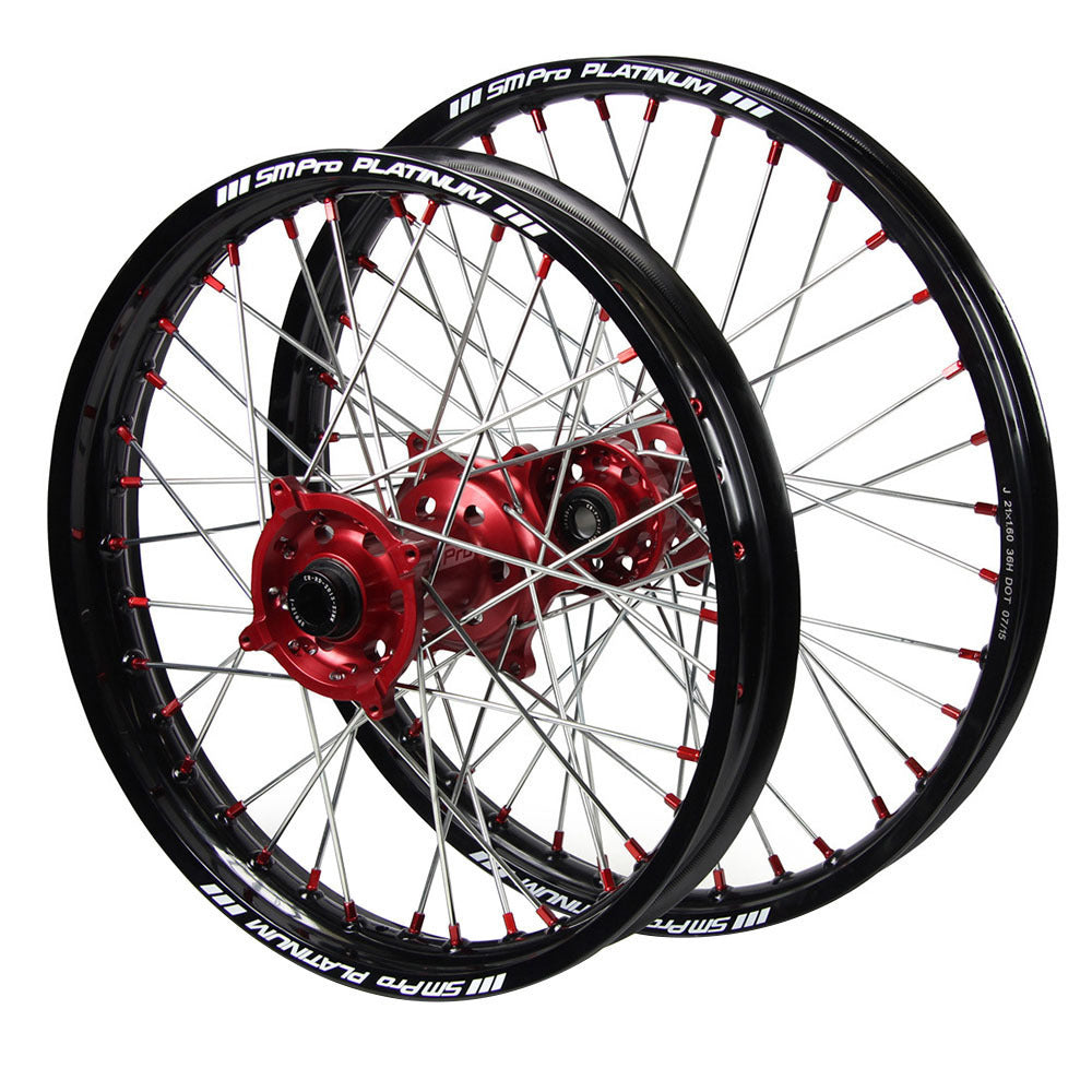 SM Pro Platinum & Bridgestone Tyre Bundle - Red Hub / Platinum Black Rim / Red Nipples Wheelset (21x1.6 / 19x2.15)