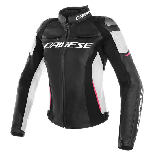 Dainese Racing 3 Women's Leather Jacket - Black / White Fuchsia