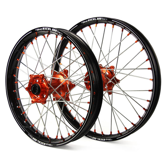 KTM Sm Pro / Excel A60 Snr MX Black Rim / Orange Hub / Orange Nipples Wheel Set SX-SXF 125-150-250-350 2003-2017 (21X1.60 / 19X2.15")