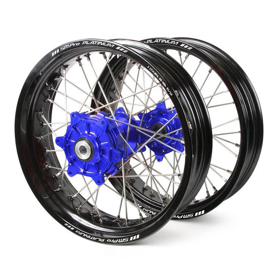 Yamaha Sm Pro / Platinum Supermoto Cush Drive" Black Rims / Blue Hubs Wheel Set Wrf 250-450  2002-2017 (17X3.50" / 17X4.25")