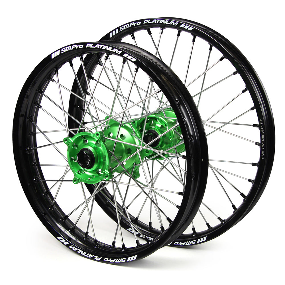 Kawasaki Sm Pro / Platinum Snr MX Black Rim / Green Hub / Black Nipples Wheel Set KXF 250-450 2006-2017 (21X1.60 / 18X2.15")