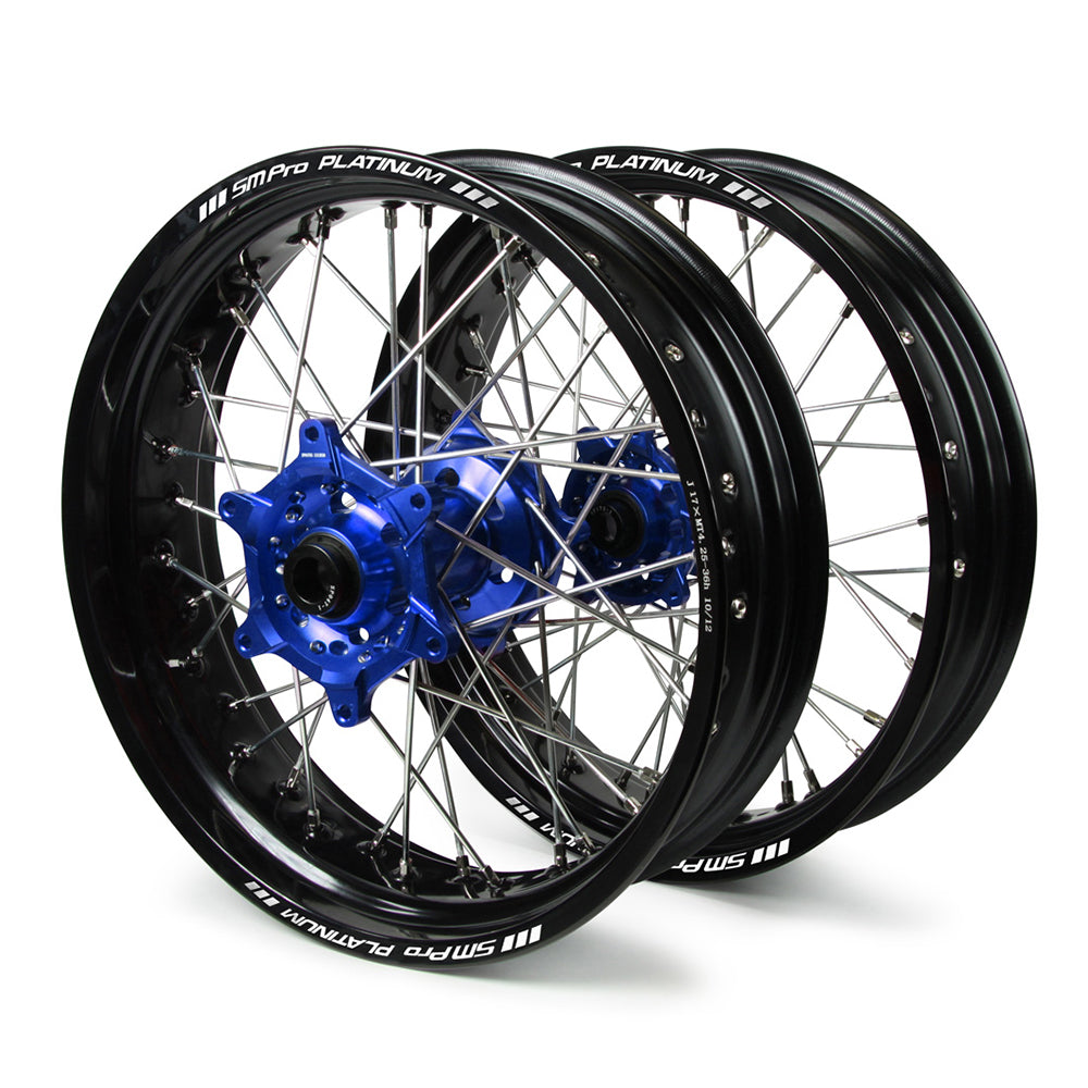 Yamaha Sm Pro / Platinum Supermoto Non Cush" Black Rims / Blue Hubs Wheel Set Wr 250 R 2008-2017 (17X3.50" / 17X4.25")