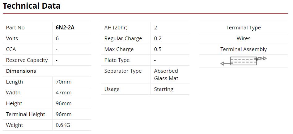 SSB 6V Lead-Acid Battery - 6N2-2A-4
