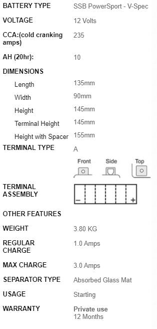SSB Battery 12V Vb10L-A2