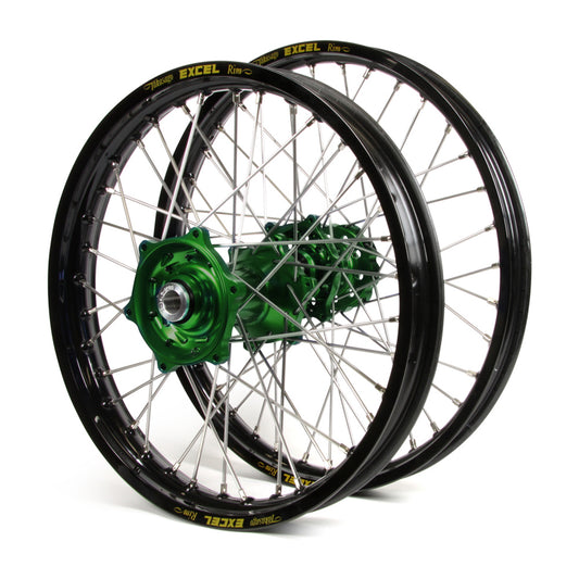 Kawasaki Talon / Excel Snr MX Black Rims / Green Hubs Wheel Set KX 125-250 2006-12, KXF 250-450 2006-17 (21X1.6 / 19X2.15)