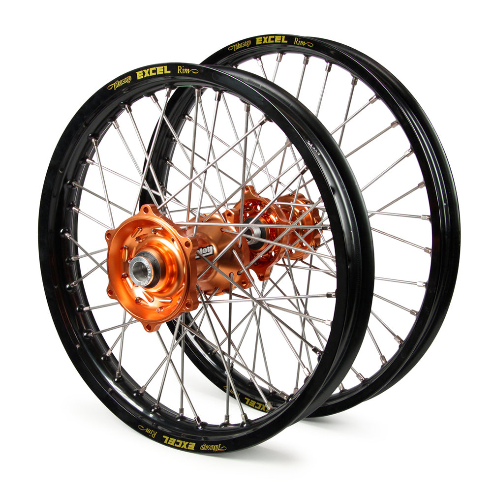 KTM Talon / Excel Snr MX Black Rims / Orange Hubs Wheel Set Exc-Excf 250-300-350-450-500 2003-15 (21X1.6 / 18X2.15)