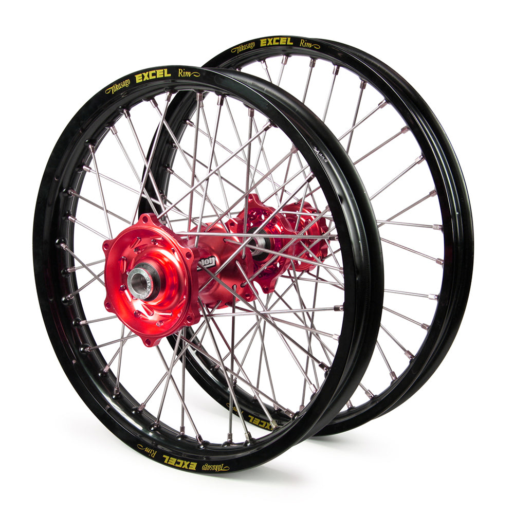 Suzuki Talon / Excel Snr MX Black Rims / Red Hubs Wheel Set RMZ 250 2007-17, RMZ 450 2005-17 (21X1.6 / 19X2.15)